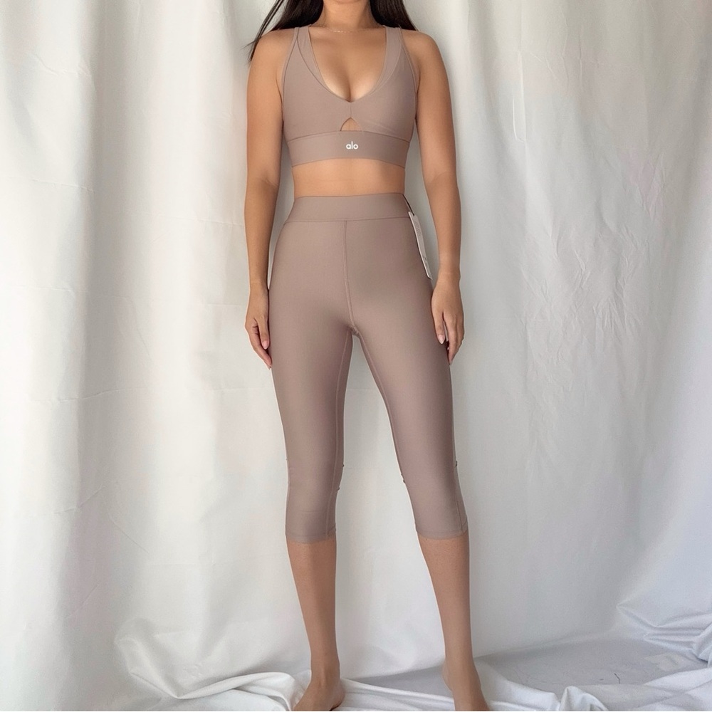 Alo Yoga Airlift Mesh High-Waist Just Right Capri and Bra Set in Taupe